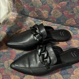 a new day Black Pointed Chain-Trim Leather Mules